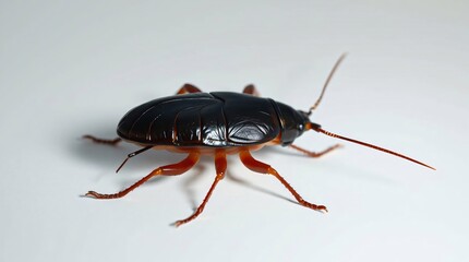 fake plastic cockroach meticulously arranged on a plain white background