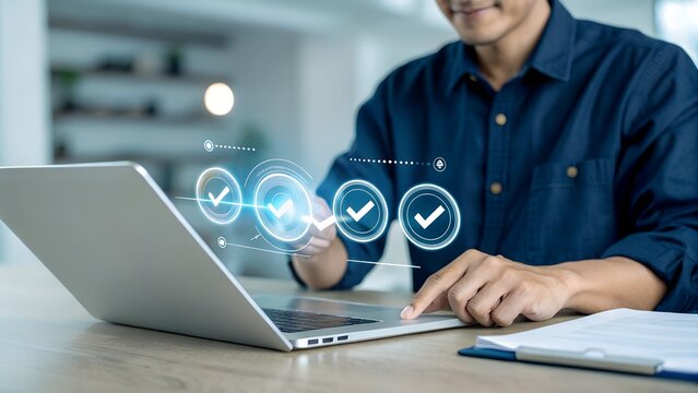 Businessman touches a digital progress checklist with check marks and an advancing loading bar, symbolizing task completion and project progress. progress bar, Management and tracking strategies