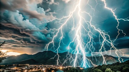 Massive lightning bolt strikes mountain during night storm high contrast dramatic atmosphere