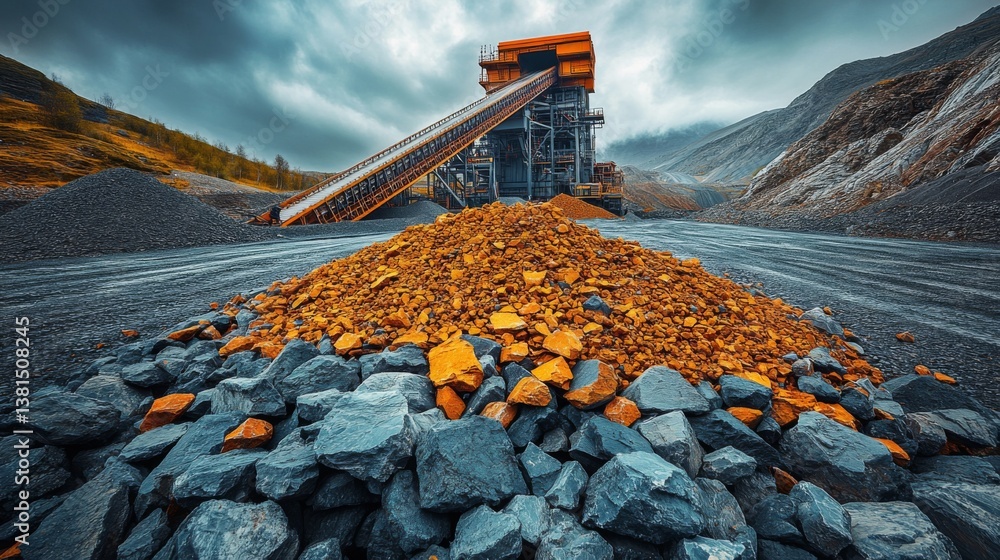 Poster large mineral processing machinery stands at a quarry, surrounded by mounds of extracted rocks and g