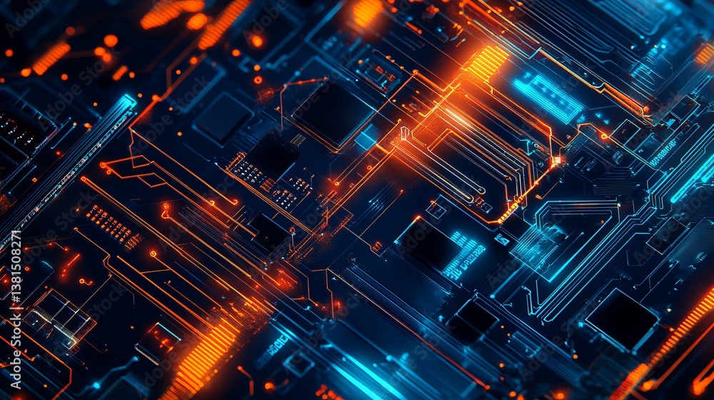 Aufkleber close up view of a complex circuit board with orange and blue glowing pathways and components