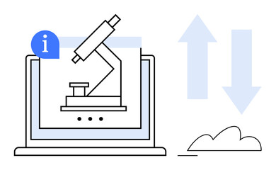 Microscope on computer screen representing digital research. Includes info icon, data up-down arrows, and cloud. Ideal for science, data analysis, technology, research, innovation education digital