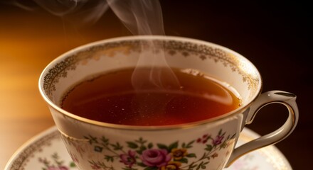 Aromatic Tea in Vintage Cup - Steaming cup of tea in an antique floral teacup, perfect for relaxation and comfort