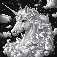 Poster Artistic fantasy unicorn scene with flowing mane and sparkling stars photo
