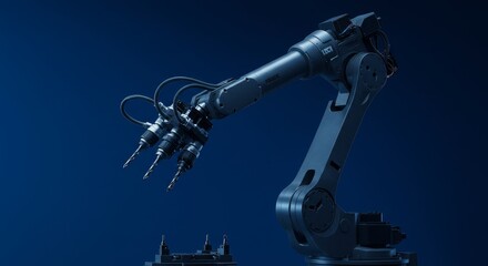 Robotic Arm with Drill Bits on Blue - Advanced robotic arm, precision engineering, automation technology, industrial manufacturing, future technology. Symbolizing progress, innovation, efficiency