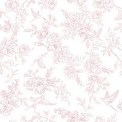 Tender  Floral pink seamless pattern, Elegant Line Art Design