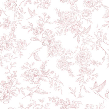 Tender  Floral pink seamless pattern, Elegant Line Art Design