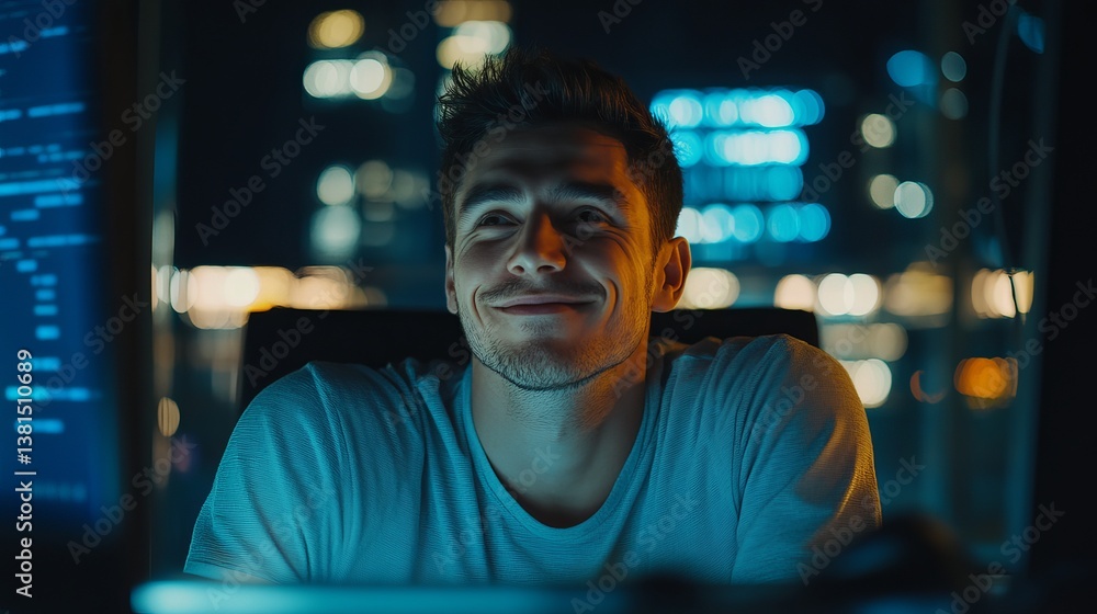 Aufkleber man smiling in front of computer screen with cityscape bokeh lights in the background at night time
