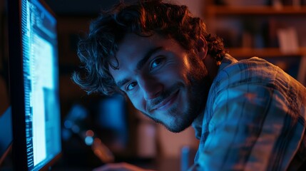 Naklejka premium Man with curly hair looking at computer screen with code in a dimly lit room with a playful expression