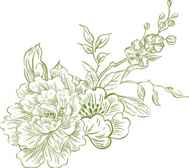 Fototapeta premium Graphic card with flowers and birds. IllustrationGraphic bouquet with flowers and birds. Illustration