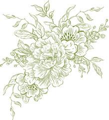 Graphic bouquet with flowers and birds. Illustration