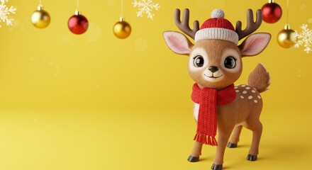 Festive Deer Holiday Card - Adorable 3D deer wearing winter clothes against a yellow background. Symbolizes joy, warmth, holiday spirit, cuteness, and winter