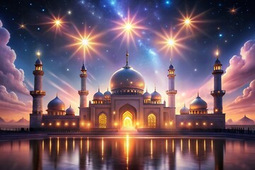 Magical Eid Scene with Glowing Mosque and Radiant Stars