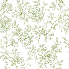 Graphic seamless pattern with flowers and birds. Illustration