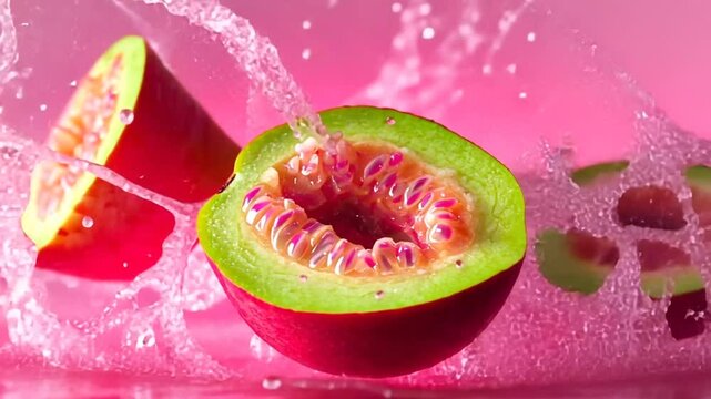 Vibrant halves of guava fruit splashed with pink water creating a dynamic visual display.
