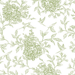 Graphic seamless pattern with flowers and birds. Illustration