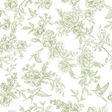Graphic seamless pattern with flowers and birds. Illustration