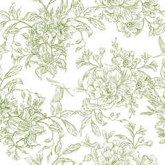 Graphic seamless pattern with flowers and birds. Illustration