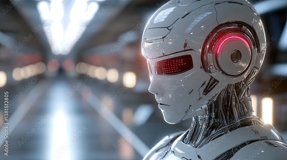 Poster futuristic robot interacting in a high-tech laboratory digital art sci-fi environment close-up view