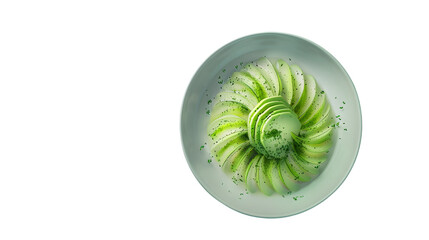 Elegant Green Apple Slices Arranged in a Spiral on a White Plate Garnished with Fresh Herbs fo