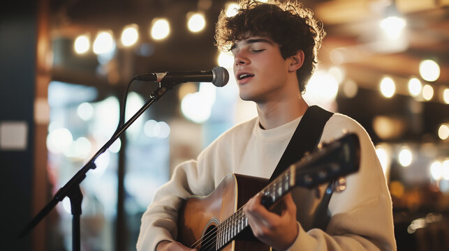 A young Indian musician performing at a cozy coffee shop