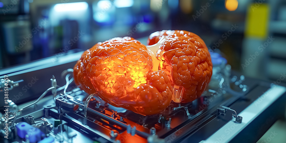 Poster glowing artificial brain model placed on sleek laboratory workstation. modern tech environment with 
