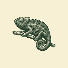 Engraved vintage chameleon illustration on branch © Midnight Warriors