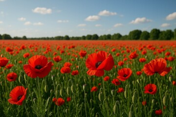 Obraz premium Vibrant Red Poppy Field Under Blue Sky With Fluffy Clouds on Sunny Day