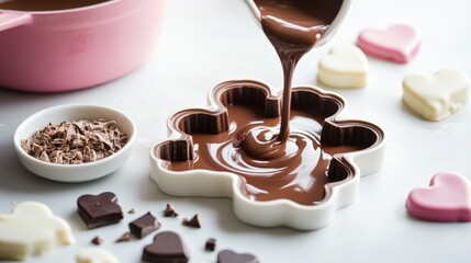 A delightful scene of melted chocolate being poured into a flower-shaped mold, surrounded by various chocolate types and sprinkles, perfect for sweet treats.