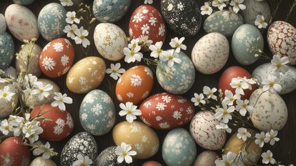 Obraz premium Overhead of Decorative Easter Eggs with White Flowers on Rustic Wood