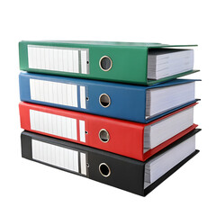 Colorful file folders and binders stacked on a table in a business office setting.