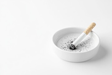 Burnt Cigarette in White Ashtray Still Life on Plain Background