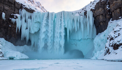 Frozen waterfall cascading into icy pool in Greenland  