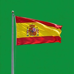 Fototapeta premium national spanish flag of spain nation waving on the wind, banner on greenscreen green solid color background, flagpole on green screen with simbol of the country waves on windy day