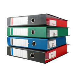 Colorful file folders and binders stacked on a table in a business office setting.