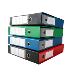 Colorful file folders and binders stacked on a table in a business office setting.