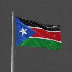 Naklejka premium national flag of southern sudan waving on the wind, banner on blank screen grey solid color background, flagpole with simbol of the country waves on windy day on black neutral backdrop