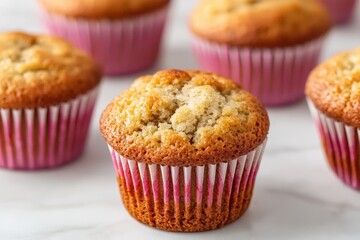 Freshly baked muffins in pink liners, showcasing a golden-brown top and crumbly texture, arranged neatly on a marble surface.