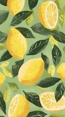 Bright Yellow Lemon and Green Leaves Pixel Art Pattern on Light Green Background