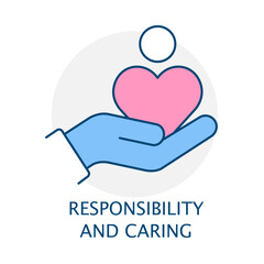 Vector icon for Responsibility and Caring. Hands holding a heart, symbolizing empathy, kindness, social responsibility, and emotional support.