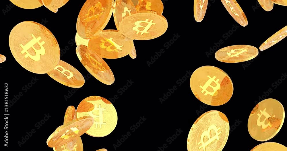 Poster bitcoins falling down. 3d animation on transparent background