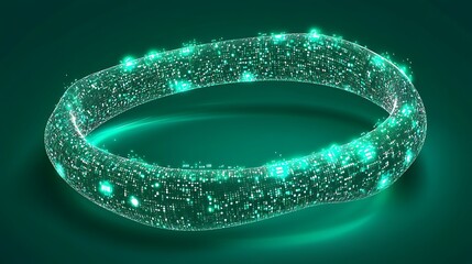 Digital green illuminated data ring floating over a dark green surface