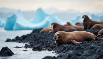 Naklejka premium Walruses resting on rocky shore against icy landscape 