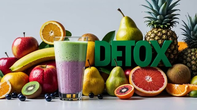 glass of smoothie   assorted fruits with the inscription detox on a white background