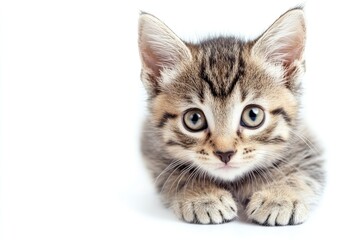 Obraz premium Cute Tabby Kitten Lying Down Looking at Camera on White Background