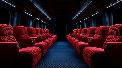 Fototapeta premium Quiet train seats in a dimly lit carriage modern transportation interior design serene atmosphere straight perspective
