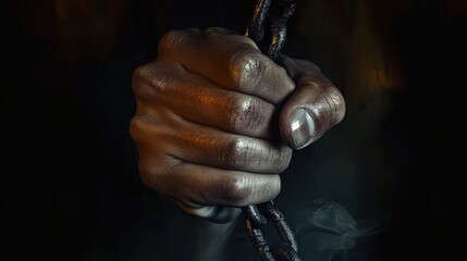 A powerful close-up of a hand gripping a chain evokes resilience and strength, emphasizing themes of struggle and liberation in a dramatic, emotional atmosphere.