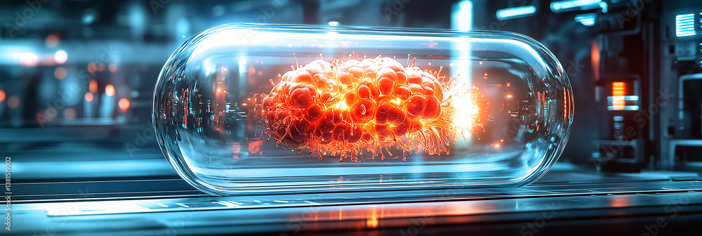 Poster futuristic glowing brain encapsulated in transparent glass with bright energy tendrils. set in moder