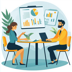Two people are sitting at a table with a white board behind them. They are discussing something important