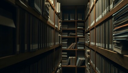 Obraz premium Dark Wooden Bookshelves Filled with Old Books and Files